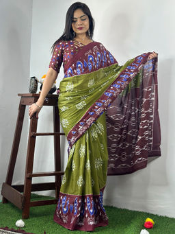 Akhilam - Women's Cotton Olive Printed Designer Saree with Unstitched Blouse