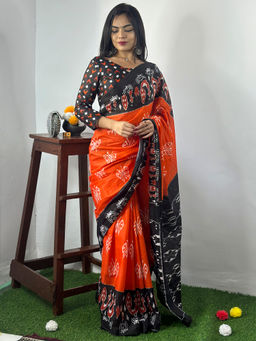 Akhilam - Women's Cotton Orange Printed Designer Saree with Unstitched Blouse