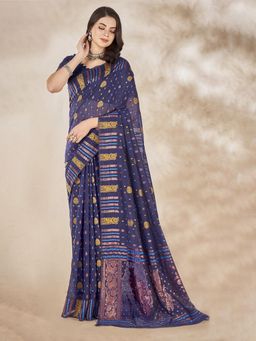 Akhilam - Women's Cotton Silk Navy Blue Woven Designer Saree with Unstitched Blouse