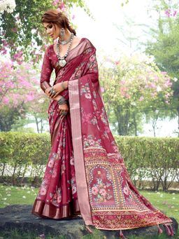 Akhilam - Women's Tussar Silk Burgundy Floral Designer Saree with Unstitched Blouse