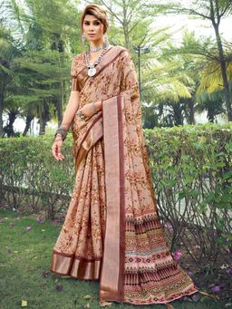 Akhilam - Women's Tussar Silk Cream Floral Designer Saree with Unstitched Blouse