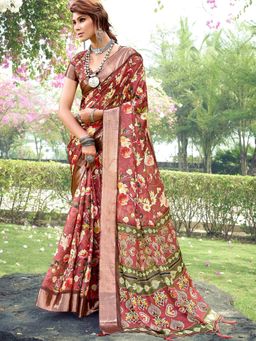 Akhilam - Women's Tussar Silk Maroon Floral Designer Saree with Unstitched Blouse