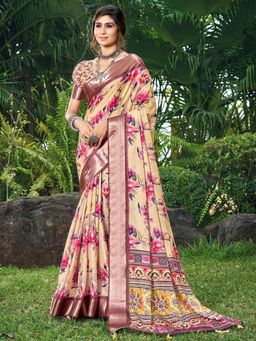 Akhilam - Women's Tussar Silk Cream Floral Designer Saree with Unstitched Blouse