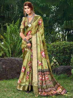 Akhilam - Women's Tussar Silk Light Green Floral Designer Saree with Unstitched Blouse