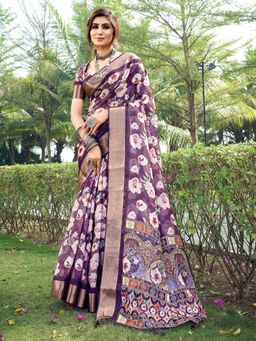 Akhilam - Women's Tussar Silk Purple Floral Designer Saree with Unstitched Blouse