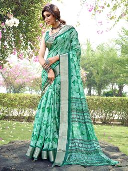 Akhilam - Women's Tussar Silk Sea Green Floral Designer Saree with Unstitched Blouse