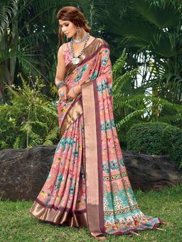 Akhilam - Women's Tussar Silk Pink Floral Designer Saree with Unstitched Blouse