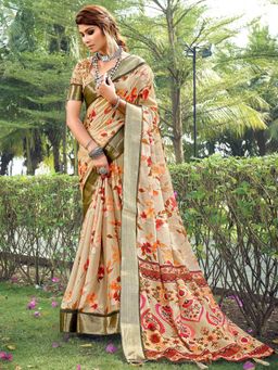 Akhilam - Women's Tussar Silk Beige Floral Designer Saree with Unstitched Blouse