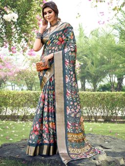 Akhilam - Women's Tussar Silk Grey Floral Designer Saree with Unstitched Blouse