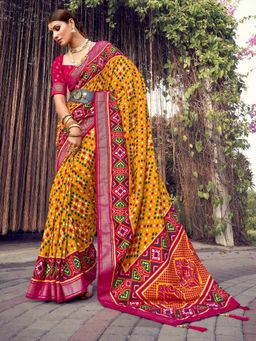 Akhilam - Women's Dola Silk Mustard Printed Designer Saree with Unstitched Blouse