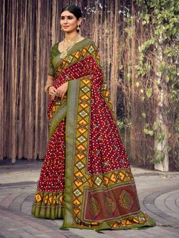 Akhilam - Women's Dola Silk Maroon Printed Designer Saree with Unstitched Blouse