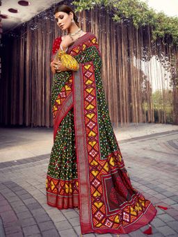 Akhilam - Women's Dola Silk Green Printed Designer Saree with Unstitched Blouse