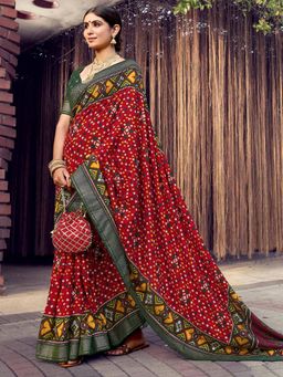 Akhilam - Women's Dola Silk Red Printed Designer Saree with Unstitched Blouse