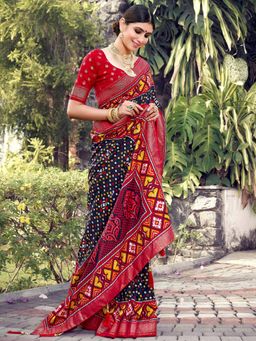 Akhilam - Women's Dola Silk Navy Blue Printed Designer Saree with Unstitched Blouse