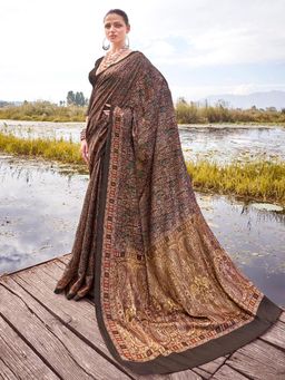 Sareemall - Women's Pashmina Silk Brown Floral Designer Saree with Unstitched Blouse