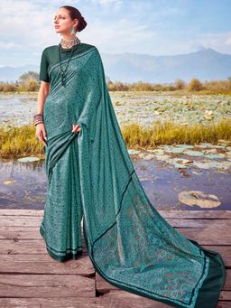 Sareemall - Women's Pashmina Silk Sea Green Floral Designer Saree with Unstitched Blouse