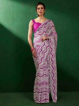 Akhilam - Women's Satin Silk Magenta Embellished Designer Saree with Unstitched Blouse
