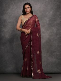 Akhilam - Women's Georgette Maroon Embellished Designer Saree with Unstitched Blouse