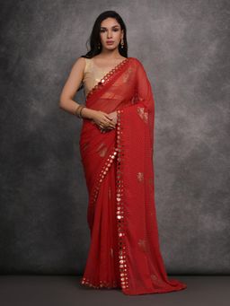 Akhilam - Women's Georgette Red Embellished Designer Saree with Unstitched Blouse