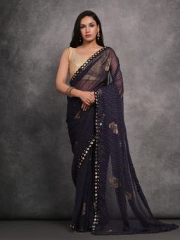 Akhilam - Women's Georgette Navy Blue Embellished Designer Saree with Unstitched Blouse