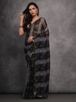 Akhilam - Women's Georgette Black Bandhani Print Designer Saree with Unstitched Blouse