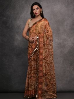 Akhilam - Women's Georgette Beige Embellished Designer Saree with Unstitched Blouse