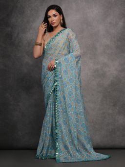 Akhilam - Women's Georgette Teal Embellished Designer Saree with Unstitched Blouse