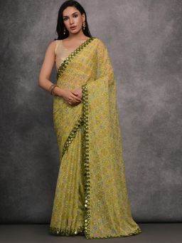 Akhilam - Women's Georgette Light Green Embellished Designer Saree with Unstitched Blouse