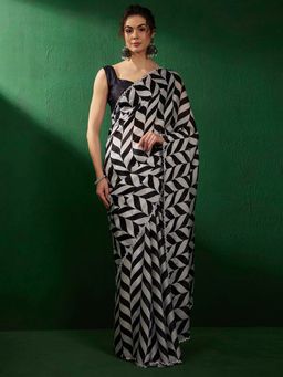 Akhilam - Women's Satin Silk Black Embellished Designer Saree with Unstitched Blouse