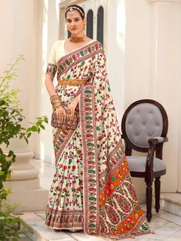 Sareemall - Women's Dola Silk Cream Printed Designer Saree with Unstitched Blouse