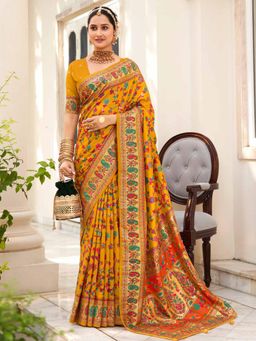 Sareemall - Women's Dola Silk Mustard Printed Designer Saree with Unstitched Blouse