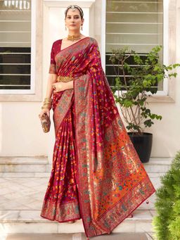 Sareemall - Women's Dola Silk Maroon Printed Designer Saree with Unstitched Blouse