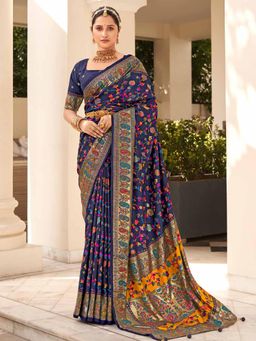 Sareemall - Women's Dola Silk Navy Blue Printed Designer Saree with Unstitched Blouse