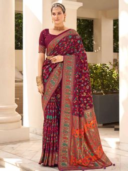 Sareemall - Women's Dola Silk Burgundy Printed Designer Saree with Unstitched Blouse