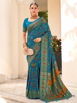 Sareemall - Women's Dola Silk Blue Printed Designer Saree with Unstitched Blouse