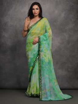 Akhilam - Women's Georgette Light Green Printed Designer Saree with Unstitched Blouse