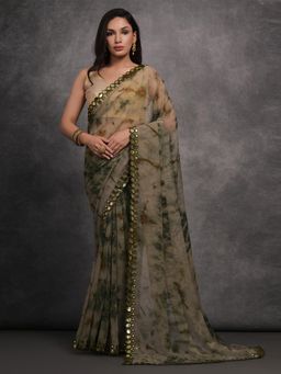 Akhilam - Women's Georgette Olive Printed Designer Saree with Unstitched Blouse