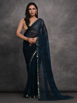 Akhilam - Women's Georgette Teal Blue Printed Designer Saree with Unstitched Blouse