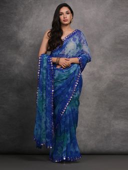 Akhilam - Women's Georgette Blue Tie & Dye Designer Saree with Unstitched Blouse