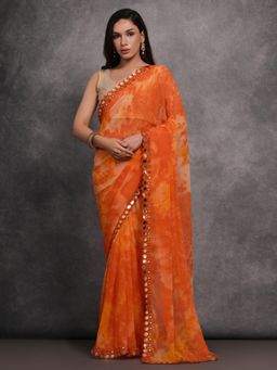 Akhilam - Women's Georgette Orange Tie & Dye Designer Saree with Unstitched Blouse
