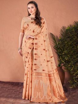 Akhilam - Women's Cotton Silk Beige Woven Designer Saree with Unstitched Blouse