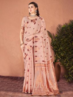 Akhilam - Women's Cotton Silk Rose Gold Woven Designer Saree with Unstitched Blouse