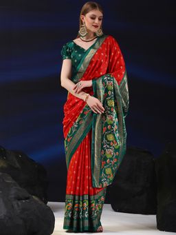Sareemall - Women's Dola Silk Red Printed Designer Saree with Unstitched Blouse