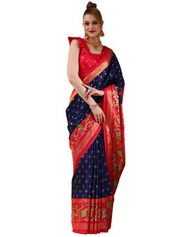 Sareemall - Women's Dola Silk Navy Blue Printed Designer Saree with Unstitched Blouse