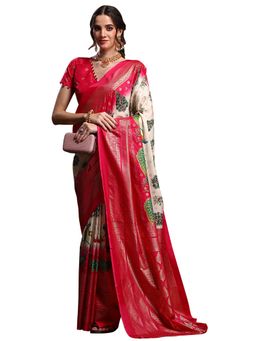 Sareemall - Women's Dola Silk Cream Printed Designer Saree with Unstitched Blouse