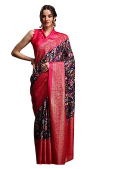 Sareemall - Women's Dola Silk Navy Blue Printed Designer Saree with Unstitched Blouse