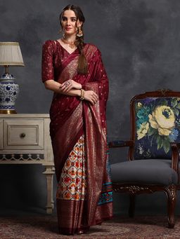 Akhilam - Women's Dola Silk Maroon Printed Designer Saree with Unstitched Blouse