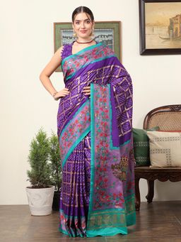 Akhilam - Women's Dola Silk Purple Floral Designer Saree with Unstitched Blouse