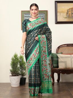 Akhilam - Women's Dola Silk Dark Green Floral Designer Saree with Unstitched Blouse