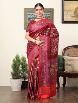 Akhilam - Women's Dola Silk Maroon Floral Designer Saree with Unstitched Blouse